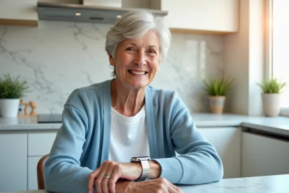 Femme senior souriante vérifiant son détecteur de chute