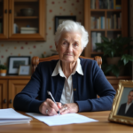 Femme senior réfléchissant avec documents et photo de famille
