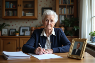 Femme senior réfléchissant avec documents et photo de famille