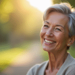 Femme senior élégante souriante en extérieur avec cheveux gris