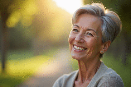Femme senior élégante souriante en extérieur avec cheveux gris