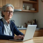 Femme senior utilisant FranceConnect sur un ordinateur portable pour accéder à son compte Agirc-Arrco et sécuriser sa retraite