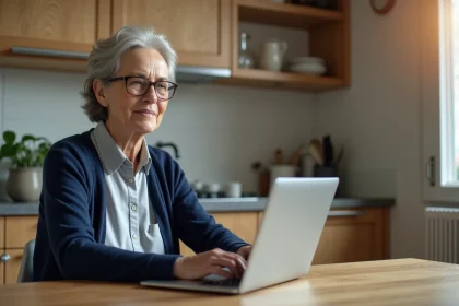Femme senior utilisant FranceConnect sur un ordinateur portable pour accéder à son compte Agirc-Arrco et sécuriser sa retraite