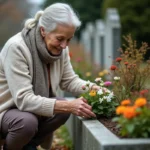 Femme senior en jardinage dans un cimetière en automne