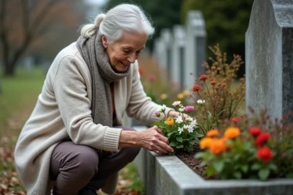 Femme senior en jardinage dans un cimetière en automne