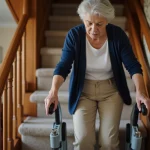 Femme senior utilisant un monte escalier portable sans installation dans un escalier de maison particulière