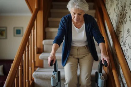 Femme senior utilisant un monte escalier portable sans installation dans un escalier de maison particulière