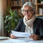 Femme senior souriante travaillant à son bureau à domicile