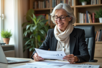 Femme senior souriante travaillant à son bureau à domicile