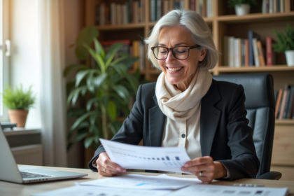 Femme senior souriante travaillant à son bureau à domicile