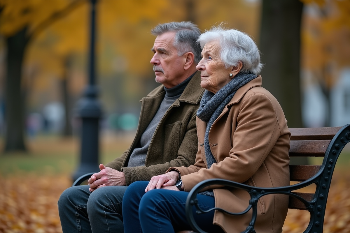 Femme âgée assise sur un banc de parc en automne
