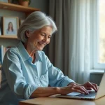 Femme senior souriante créant son profil en ligne sur un ordinateur portable dans un bureau à domicile chaleureux