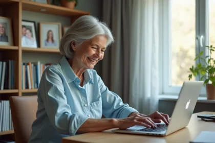Femme senior souriante créant son profil en ligne sur un ordinateur portable dans un bureau à domicile chaleureux