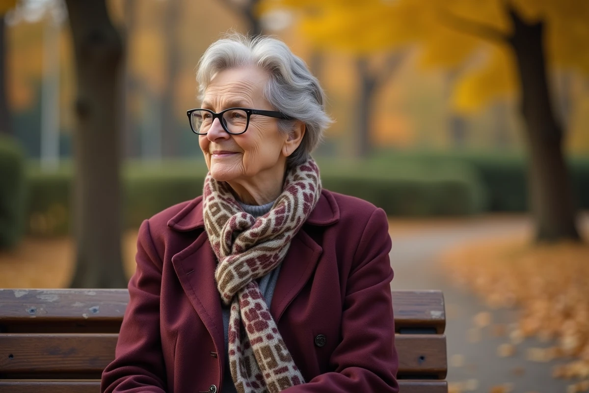 Femme de 65 ans souriante assise sur un banc de parc en automne, regard ouvert et bienveillant