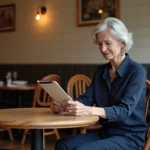 Femme mature en restaurant français élégante et réfléchie