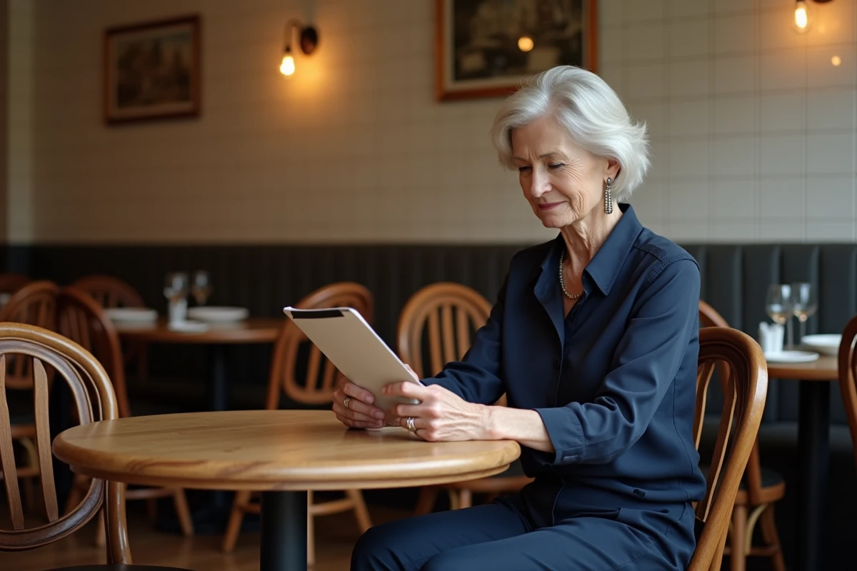Femme mature en restaurant français élégante et réfléchie