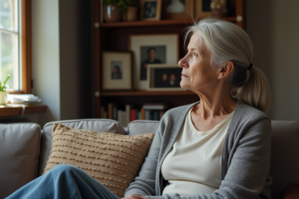Femme senior contemplant la fenêtre dans un salon chaleureux