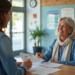 Femme senior souriante recevant des brochures à la mairie
