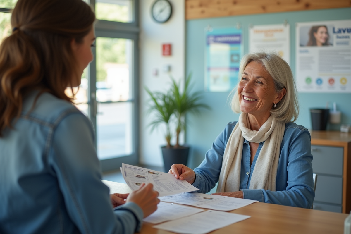 Femme senior souriante recevant des brochures à la mairie