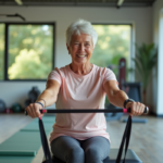 Femme senior souriante faisant un exercice avec bande de résistance en salle