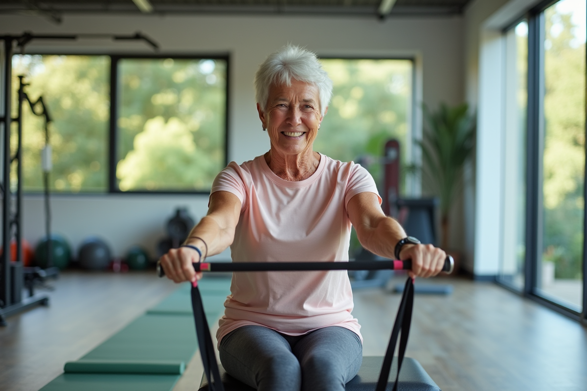 Femme senior souriante faisant un exercice avec bande de résistance en salle