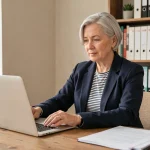Femme senior en télétravail à temps partiel choisi, travaillant sereinement depuis son bureau à domicile