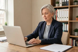 Femme senior en télétravail à temps partiel choisi, travaillant sereinement depuis son bureau à domicile