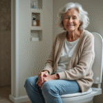 Femme senior assise sur un siège de toilette surélevé dans une salle de bain moderne