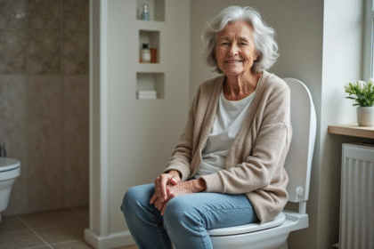 Femme senior assise sur un siège de toilette surélevé dans une salle de bain moderne