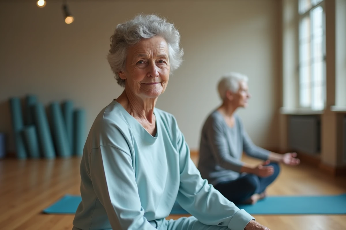 Femme senior pratiquant le yoga doux en groupe dans un studio calme, expression sereine et concentrée