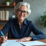 Femme souriante signant une lettre de demission