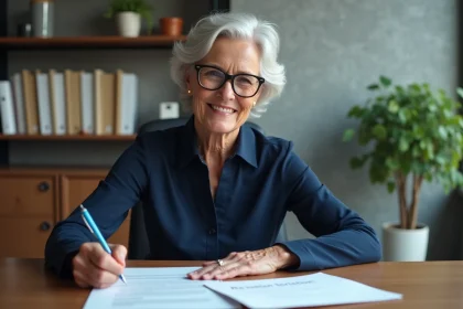 Femme souriante signant une lettre de demission