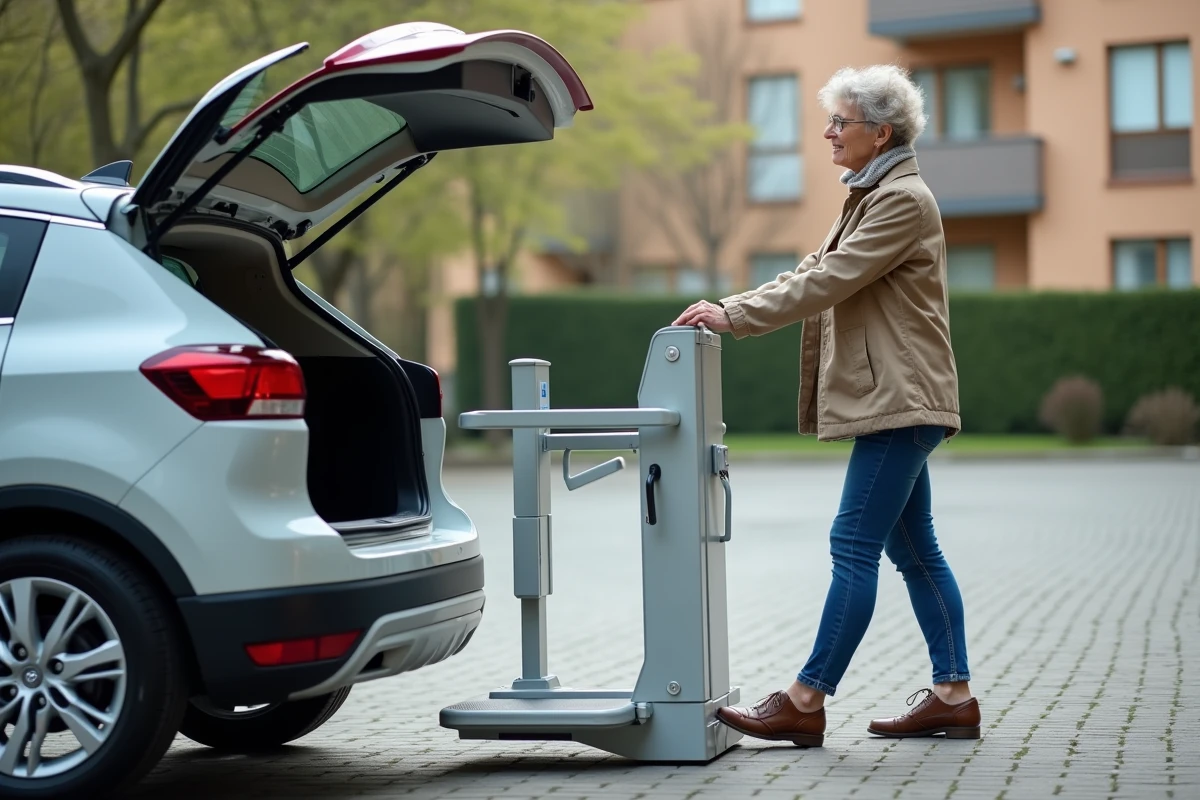 Femme moyenne rangee pliant un monte-escalier dans sa voiture