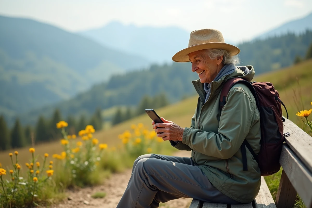 Femme âgée utilisant son téléphone en nature