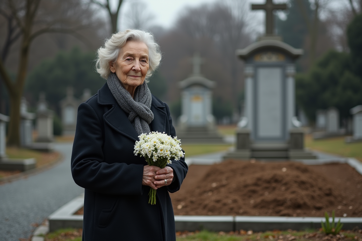 Femme âgée en deuil tenant des fleurs blanches dans un cimetière urbain