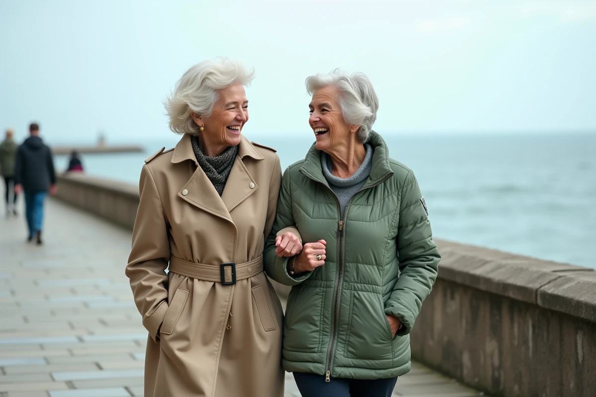 Deux femmes seniors marchant et riant ensemble sur une promenade en bord de mer