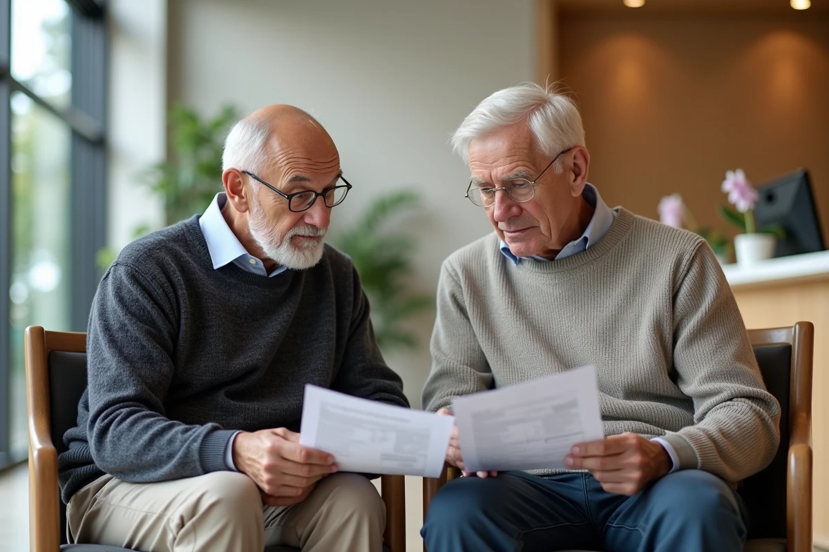 Fils et père discutant de documents dans un hall moderne