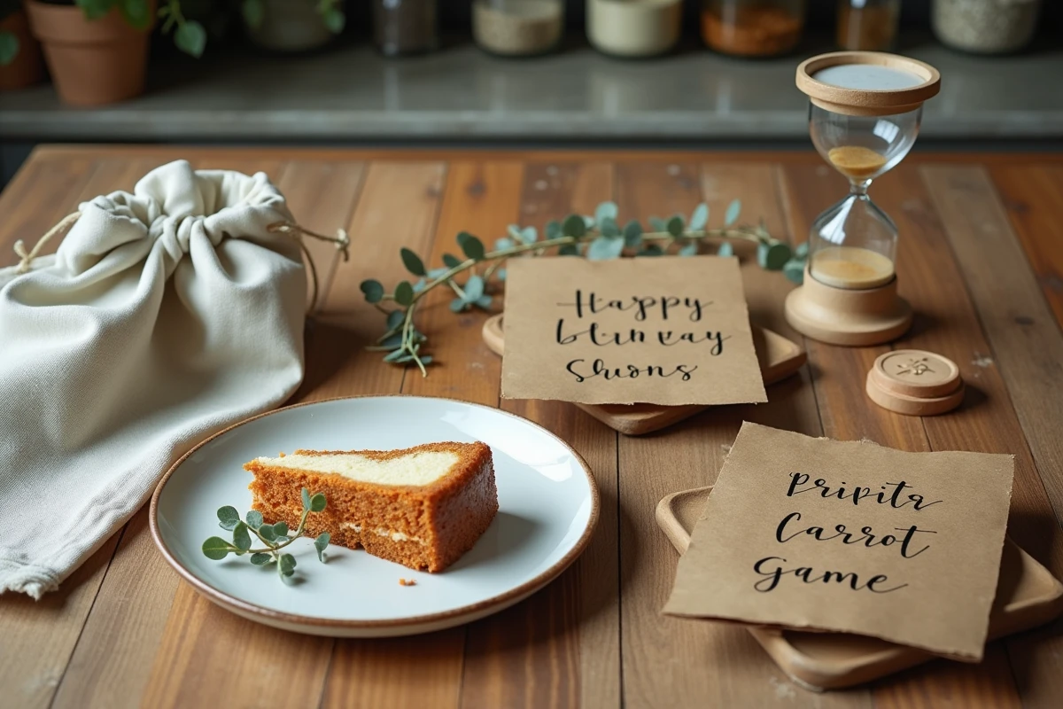 Flat lay de jeux faits maison pour un anniversaire 60 ans sobre : cartes kraft, sablier, jetons en bois et décoration naturelle