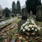 Arrangements floraux blancs déposés sur une tombe en pierre dans un cimetière automnal, avec des feuilles mortes et des cyprès en arrière-plan