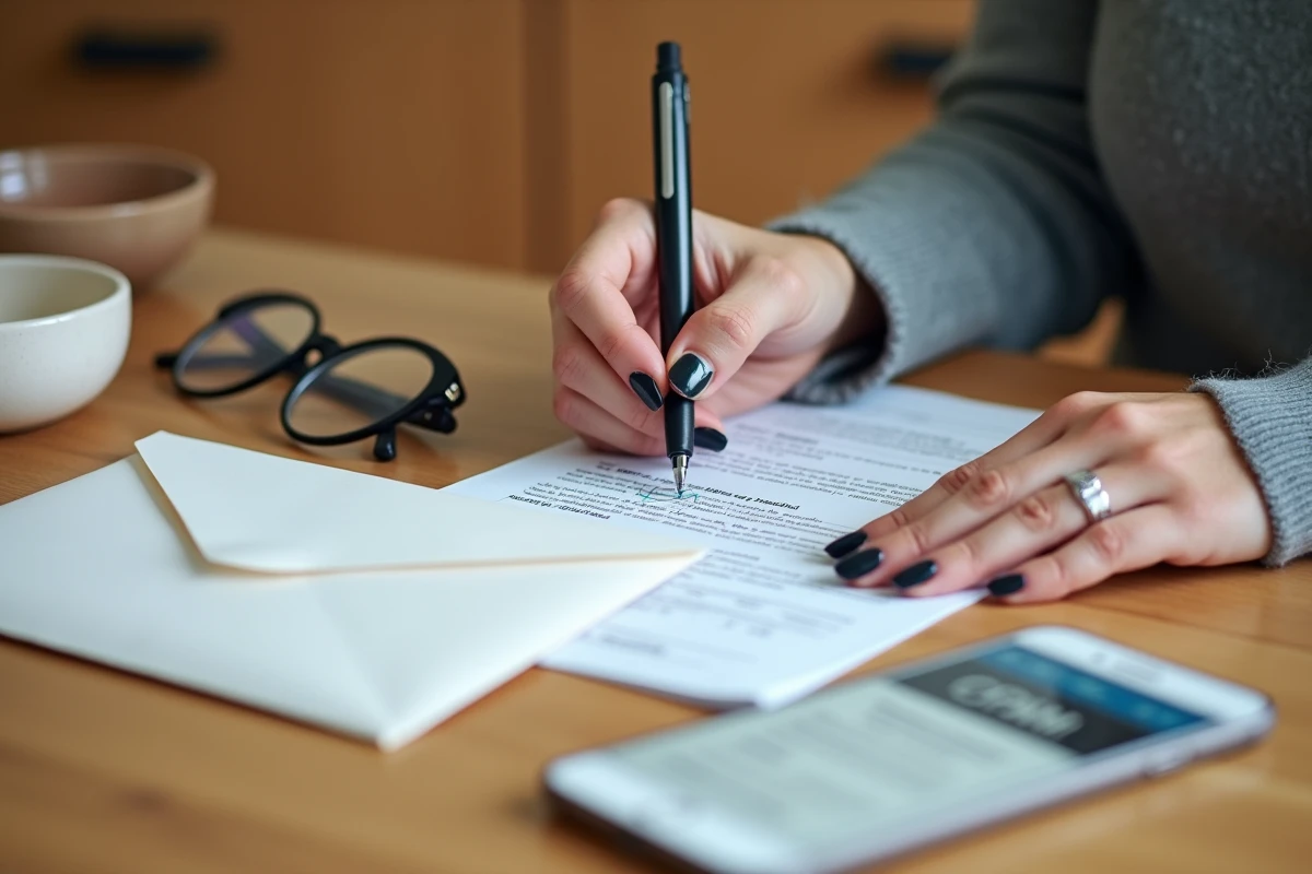 Mains remplissant un formulaire de demande de capital décès CPAM sur une table de cuisine