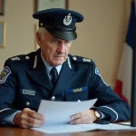 Gendarme en uniforme consultant des documents de retraite dans un bureau administratif de gendarmerie