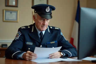 Gendarme en uniforme consultant des documents de retraite dans un bureau administratif de gendarmerie