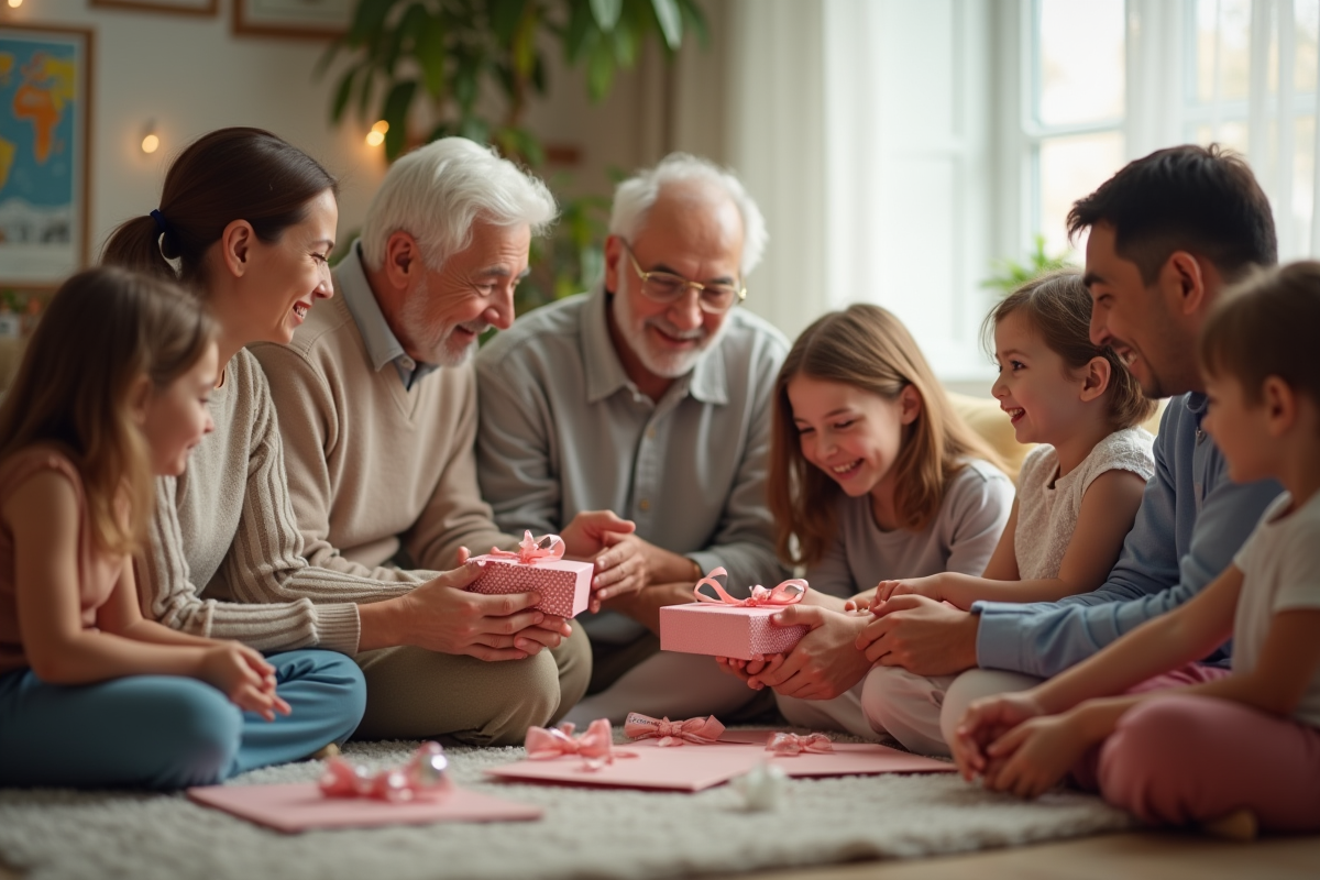 Différentes générations échangent des cartes et cadeaux dans un salon chaleureux