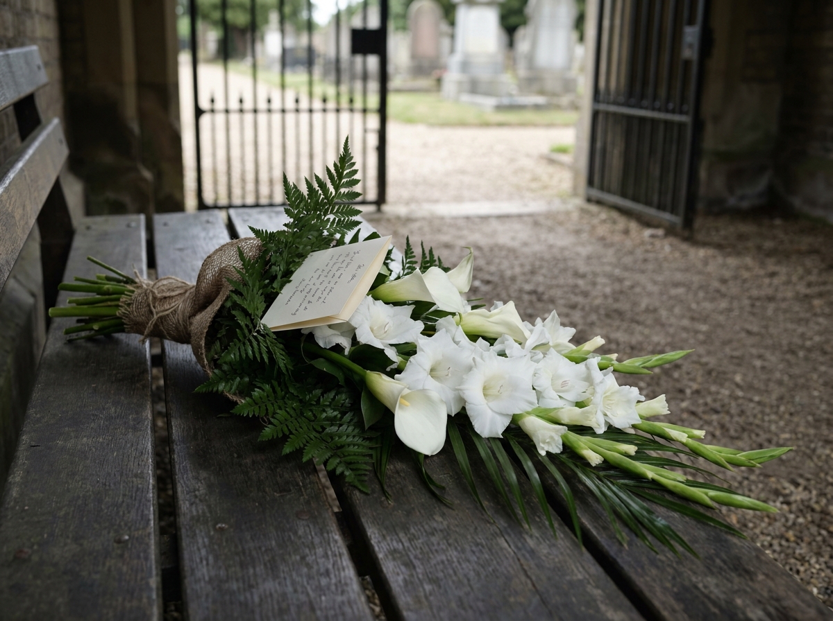 Gerbe funéraire allongée de glaïeuls blancs et de lys posée sur une surface en bois sombre, avec une carte de condoléances glissée entre les tiges