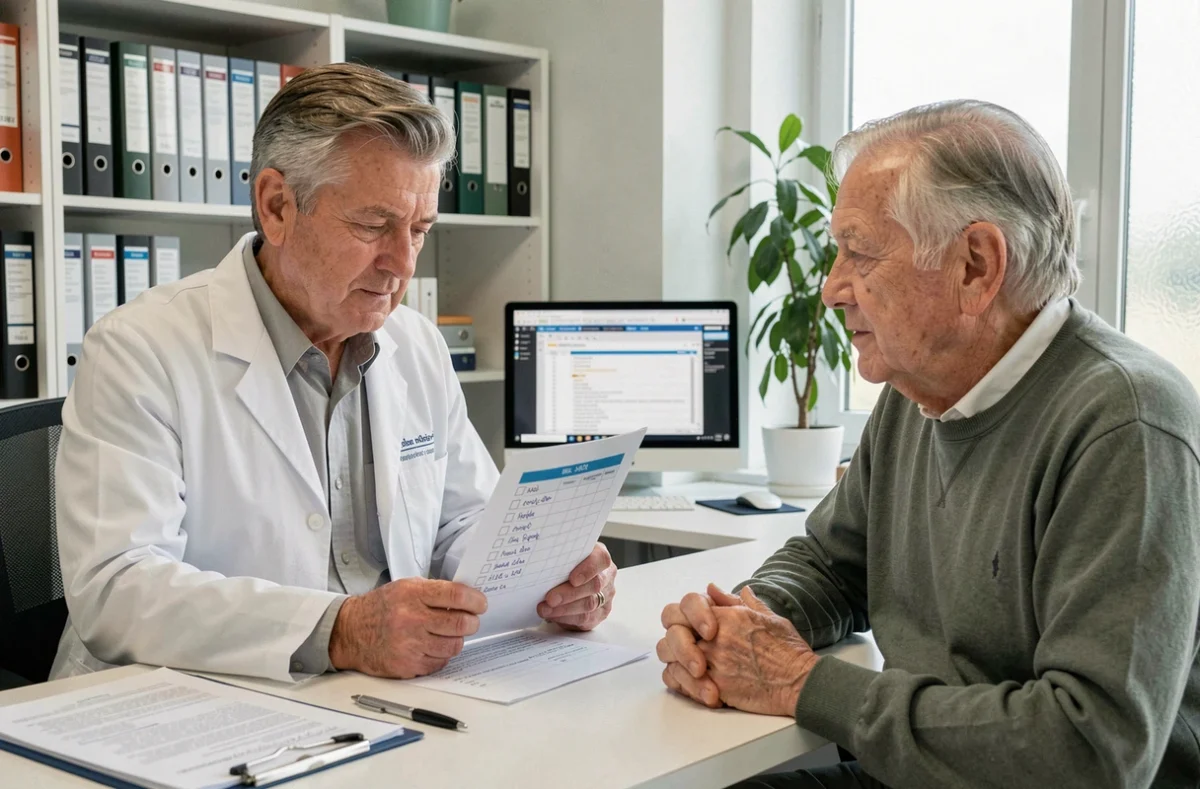 Gériatre analysant la grille de score IADL avec un patient âgé lors d'une consultation médicale spécialisée