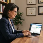 Femme professionnelle consultant un portail de gestion de curatelle et tutelle sur ordinateur portable dans un bureau à domicile