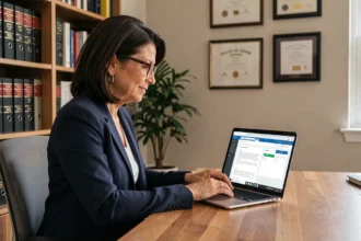 Femme professionnelle consultant un portail de gestion de curatelle et tutelle sur ordinateur portable dans un bureau à domicile