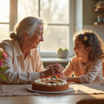 Une grand-mère souriante tient la main de sa petite fille dans une cuisine ensoleillee