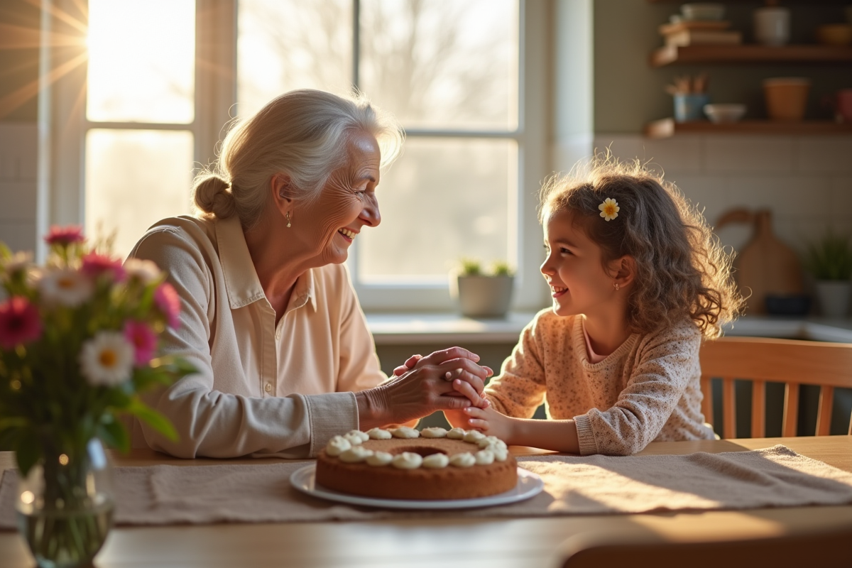 Une grand-mère souriante tient la main de sa petite fille dans une cuisine ensoleillee