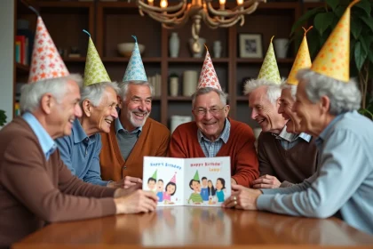 Groupe d'amis souriants autour d'une table d'anniversaire